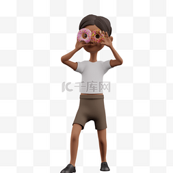 帅气男孩的3D棕色甜甜圈拍照姿势
