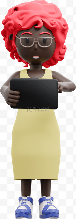 平板电脑3d图片_3D黑人女性使用平板的漂亮姿势与
