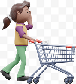 推着购物车图片_购物女性推着3D棕色购物车形象