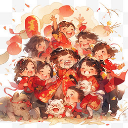 中国人群新年儿童插画免扣元素装