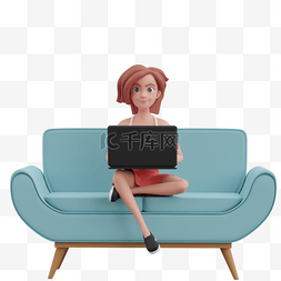 动态人形白人女子舒适坐沙发使用