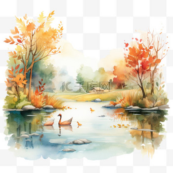 秋天河流季节风景插画免扣元素装饰素材