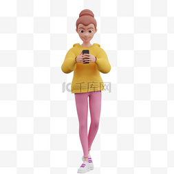 帅气女人的步行姿势与手机玩的3D