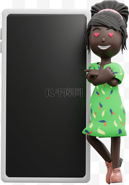 3D黑人女性漂亮靠着手机