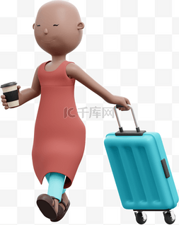 漂亮女人出行的3D棕色行李箱形象