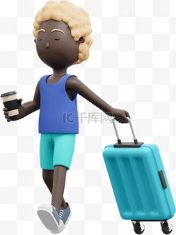 3D黑人女性拖着行李箱的时尚姿势