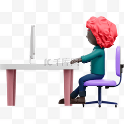 高效电脑图片_3D漂亮黑人女性在办公室高效工作