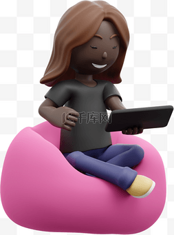 3D黑人女性玩平板手机形象漂亮女