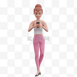 3D白人女性走路玩手机形象3D白人