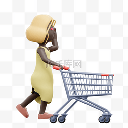 3D黑人女性履行购物姿势推着购物