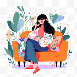 古典风养生图片_养生女孩在沙发喝咖啡手绘元素