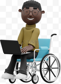 3D黑人男性坐轮椅办公形象帅气办