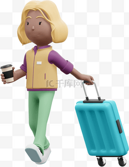 3D棕色女性拖行李箱姿势动作