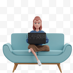 白人女性坐沙发用电脑充满自信