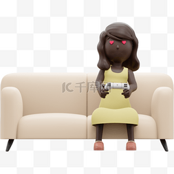 3D漂亮女性坐沙发打游戏姿势手柄