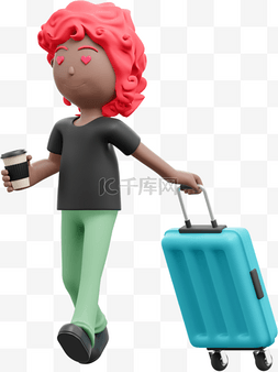 漂亮女人出行的3D棕色行李箱姿势
