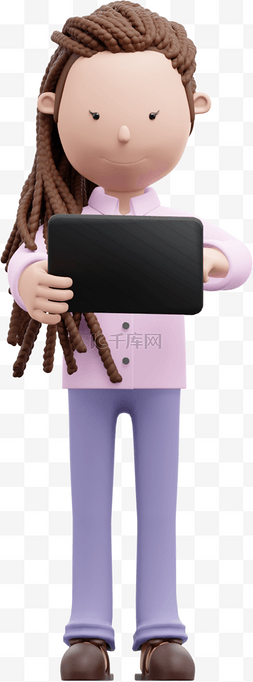 3D白人女性使用平板漂亮姿势电脑