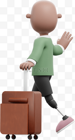 3D棕色女性拖着行李箱的漂亮出行