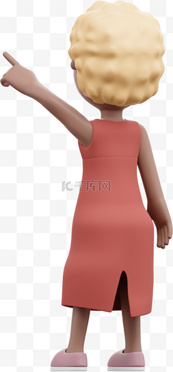 3D棕色女性背影姿势与手指向天她