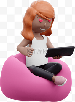 懒人沙发图片_3D棕色女性玩平板手机形象3D棕色