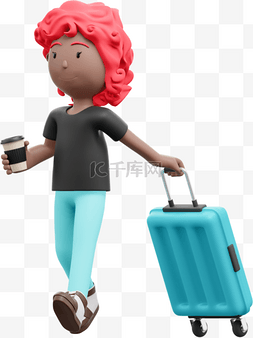 女人出行漂亮姿势下的3D棕色行李