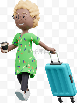 棕色行李箱图片_漂亮女性出行3D棕色行李箱姿势优