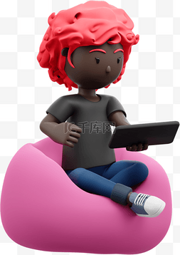 3D黑人女性玩平板手机形象女人漂