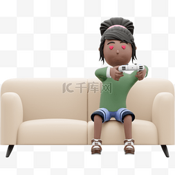 游戏币样机图片_3D棕色漂亮女性坐沙发上打游戏姿