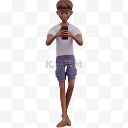 3D棕色男性玩手机走路形象