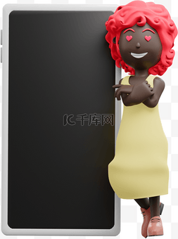 漂亮的3D黑人女性靠着手机叉手