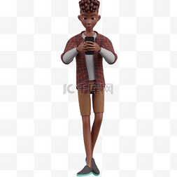 3D棕色男性走路玩手机形象男人步