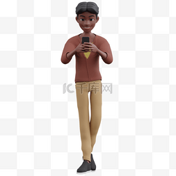 帅气黑人男性走路玩手机3D动作形