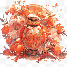中国风古代灯笼红色花朵插画元素