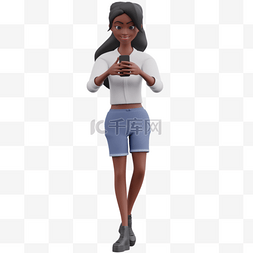 步行女人图片_3D黑人女性玩手机姿势