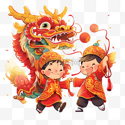 中国龙龙手绘图片_卡通手绘小孩舞龙过春节14
