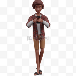 3D棕色男性玩手机走路形象帅气步