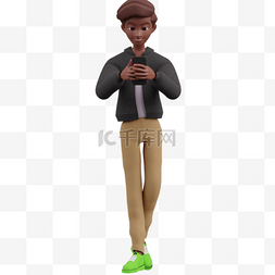 3D棕色男性帅气走路玩手机