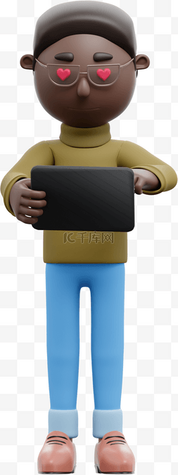 平板电脑3d图片_帅气动作的3D黑人男性使用平板