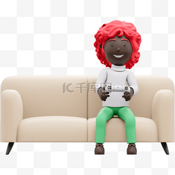 黑人女性漂亮坐在沙发上打游戏动