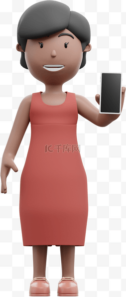 3D棕色女性拿手机漂亮出行姿势动