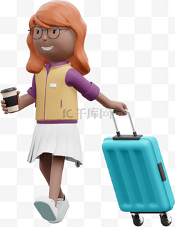 行李箱棕色图片_3D棕色女性漂亮行李箱姿势