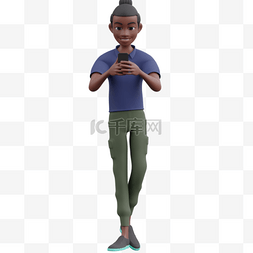 3D黑人男性帅气姿势步行玩手机