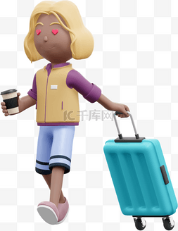 女人漂亮出行优雅拖着3D棕色行李