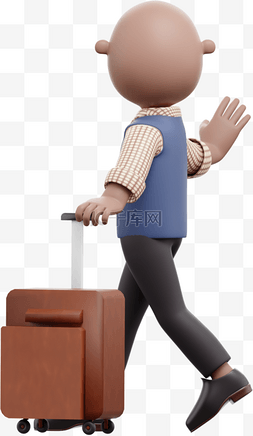 棕色行李箱图片_帅气男人出行姿势中的3D棕色行李