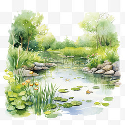 夏天河边池塘风景AI元素立体免扣