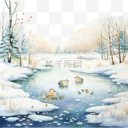 手绘冬天风景图片_冬天季节雪花风景AI元素立体免扣