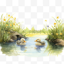 鸭子装饰图片_夏天池塘鸭子可爱风景AI元素立体