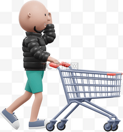 推着购物车图片_帅气购物动作3D白人男性推着购物