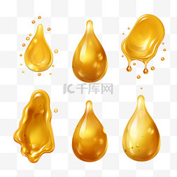 一套逼真的金色油滴或蜂蜜