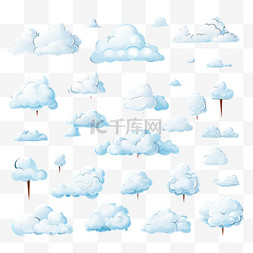 蓝色清新天空图片_卡通白云图标集隔离在蓝色